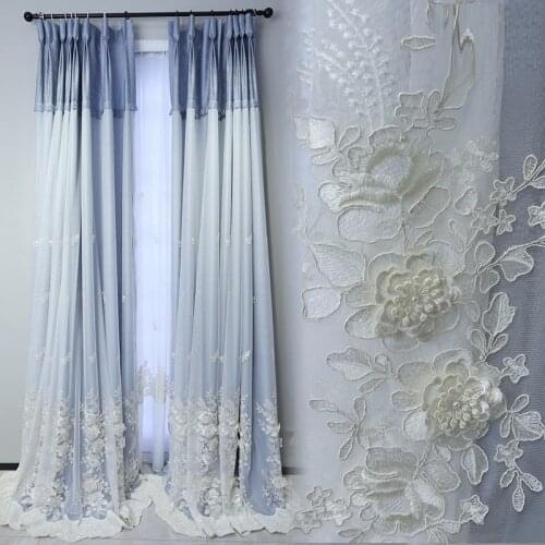 Romantic French light luxury bedroom Princess wind window gauze rope embroidery gauze light blue net red curtain customization