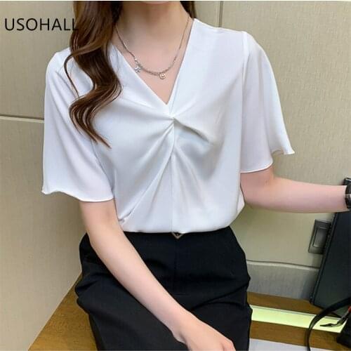 USOHALL Spring and Summer New Temperament Fashion V-Neck Lotus Leaf Sleeve Short Sleeve Womens Chiffon Shirt