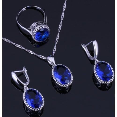 Resplendent Big Oval Blue Cubic Zirconia Silver Plated Jewelry Sets Earrings Pendant Chain Ring V0263