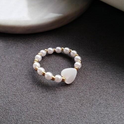 Women Fashion Korean Elastic Rope Pearl Beads Ring Elegant Simple Female Heart-shaped Gold Ring Charming Party Jewelry Girl Gift