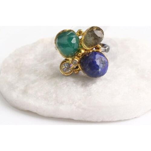 Blue Lapis Lazuli and Green and White Zircon Gold Plated Womens Silver Ring, Woman 925 Silver Zircon Handmade Ring, MultiColor