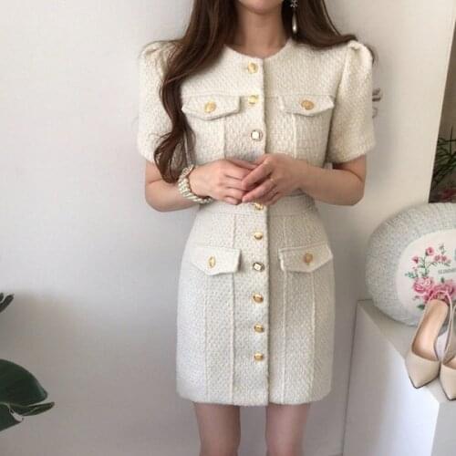 2021 Chic Korean High Quality Summer Tweed Dress Fashion Women Metal Single breasted Short Sleeve O Neck Bodycon Slim Mini Dress