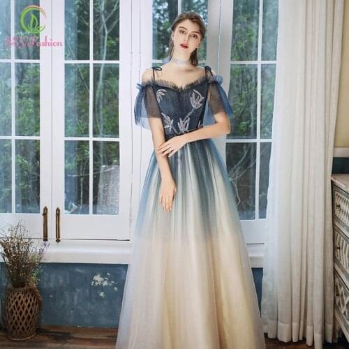 SSYFashion New Romantic Gradient Navy Blue Evening Dress Sequins Appliques Long Elegant Prom Party Formal Gown Vestido De Noche