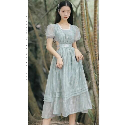 Puff Sleeve Summer Womens Cottage Style Dress Retro Solid Color Jacquard O-neck Lace Patchwork Puffy Sleeve Princess Fairy
