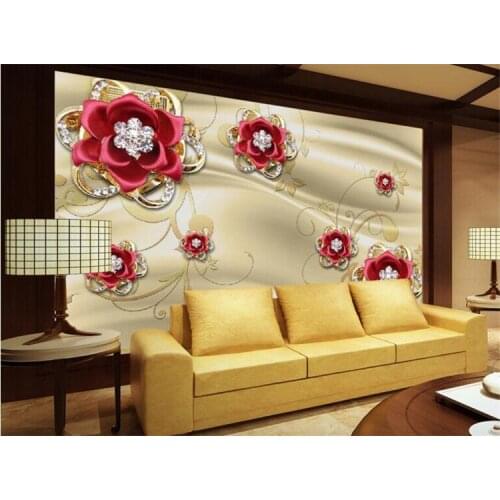 Large Custom Wallpaper Gold Jewelry Diamond Red Rose Living Room Bedroom Sofa TV Background Wall Decorative Painting
