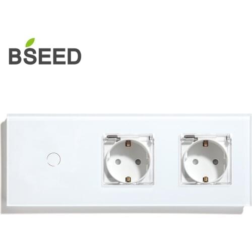 BSEED Waterproof Double EU Standard Wall Socket Switch 1 Gang 1 Way 2 Way Switch 3 Colors Crystal Glass Panel Touch Switch Plugs
