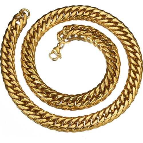 16mm High Quality 316L Stainless Steel Gold Tone Double Cuban Curb Chain Gift Heavy Mens Womens Necklace Or Bracelet 7-40inch