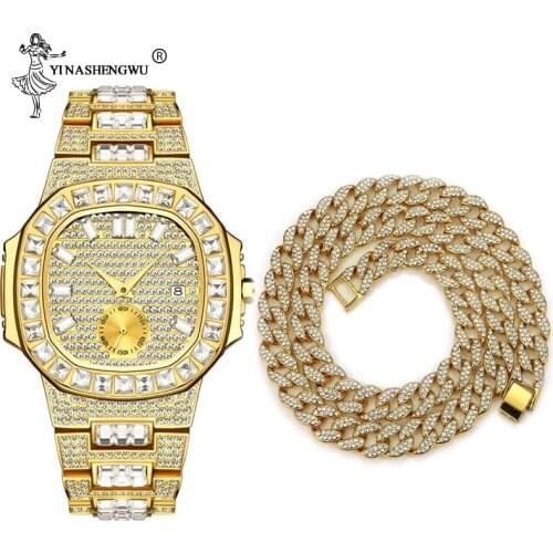 Hip Hop Miami Curb Cuban Chain Necklace & Watch 1 Set Gold Iced Out Paved Rhinestones CZ Bling Rapper Necklaces Men Jewelry 15MM