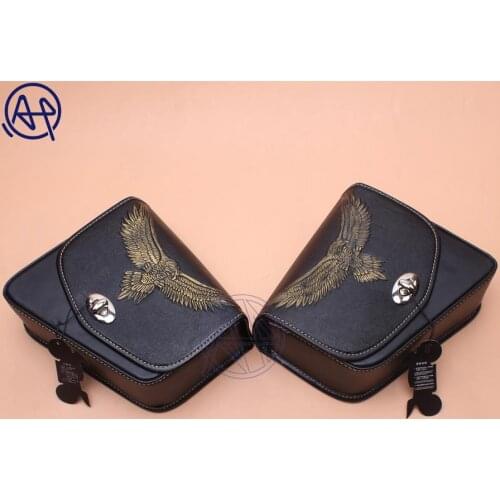 For Honda Yamaha Suzuki Harley Sportster XL 883 Black PU Leather Saddle Bag Motorcycle Luggage Eagle Left+Right Side Saddle Bag