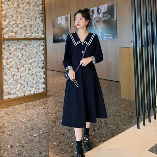 Black Maxi Dress Long Sleeve Turn-Down Collar Preppy Style Girl Temperament Robe Longue Autumn Women-Clothing Plus Size XS-4XL