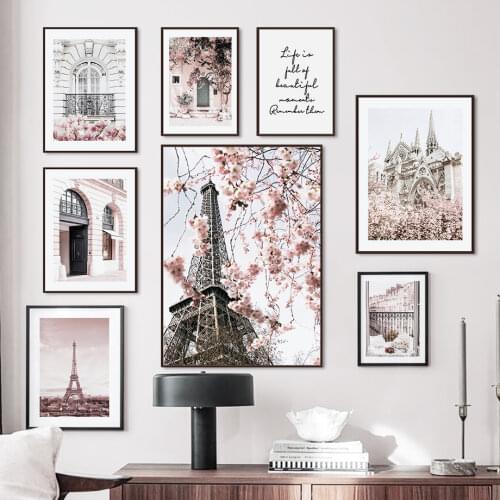 Nordic Paris Tower Window Wall Art Wall Poster Pink Flower Canvas Painting Living Room Home Decoration Mural Cuadros Decorativos