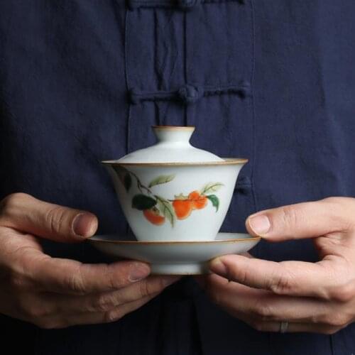 "KingTeaMall" Porcelain Gaiwan Tea Cup Persimmon Painting Gonfu Teawares Teasets Teatools Gifts