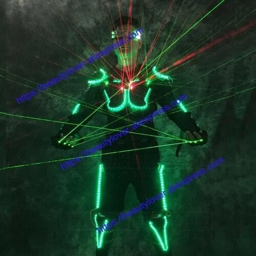 Led light up costumes Ballroom dance luminous robot suit glasses green laser cloth dancer dj stage show laser gloves costume