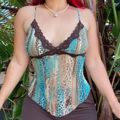 Tie Dye Lace Cami Sexy Fashion Bodycon Patchwork V Neck Summer Camis 2021 Elegant Vintage Sleeveless Spaghetti Strap Women Cami