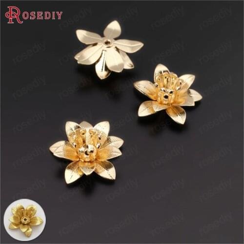 20PCS 15MM,height 6MM 24K Gold Color Plated Brass 3D Flowers Beads Caps Diy Jewelry Findings Earrings Accessories Wholesale