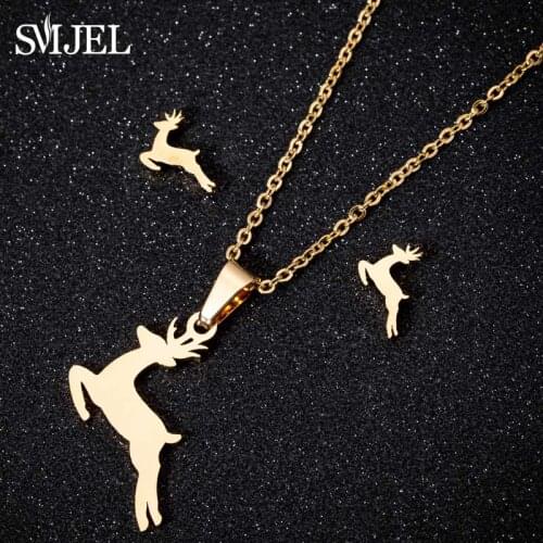 SMJEL Stainless Steel Cute Deer Earrings Small Gold Jewelry Set for Women Christmas Elk Snowflake Necklaces Pendants Collier
