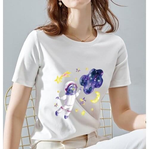 Fashion Womens Summer Casual White Shirt Cartoon Starry Sky Astronaut Print Series Short-sleeved Ladies O-neck Shirt T-shirt