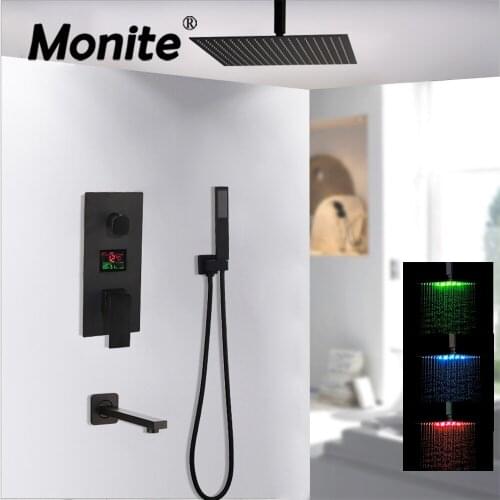 Monite Matte Black 8~16 Inch Wall Mount Bathroom Rainfall Shower Faucet Set Thermostatic Temperature Display Shower Faucet Set