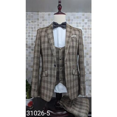 Wedding Suits for Men 2021 Khaki grid men formal suit 3 pcs suit+vest+pants Business Gentlemen Costume