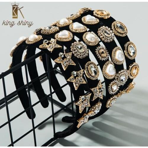 Baroque Shiny Crystal Velvet Headband for Girl Vintage Star Heart Simulated Pearl Alloy Accessories Hair Band Bridal Tiara Bezel