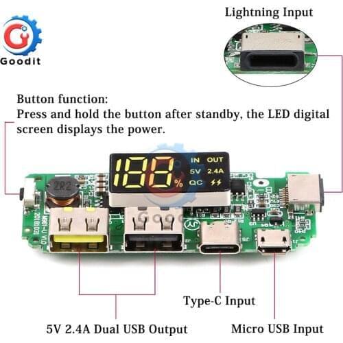 QC Fast flash LED Dual USB Micro Type C Light Power Bank 18650 lithium Charger Board Overcharge Overdischarge Circuit Protection