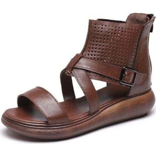 Best Sale 2021 New Summer Open Toe Roman Sandals Genuine Leather Sandals Thick Bottom Wedges Increase Shoes Women Sandal Shoes