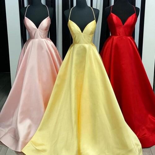 Satin Prom Dress 2020 A Line Spaghetti Neck Long Custom Pageant Gown Lace-Up Back Formal Evening Party Wear Pink Yellow Red