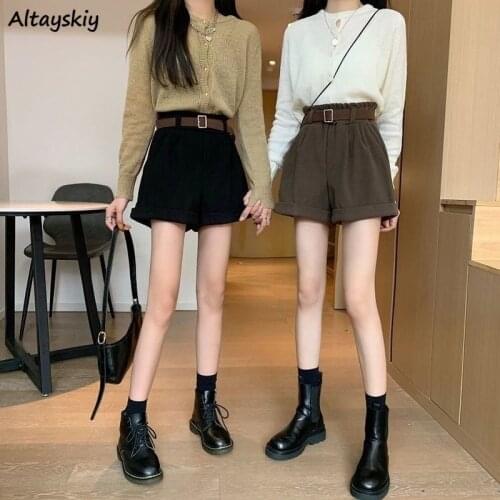 Shorts Womens Autumn High Waist Solid Simple Retro Friends Corduroy Wide Leg Loose Elastic Waist Female Korean Style A-Line Chic