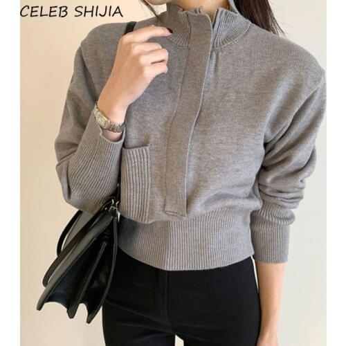 Korean Chic Zipper Sweater Woman Autumn Stand Collar Gray Solid Long-sleeve Warm Knitting Jumper Woman Fall Slim Waist Sweater