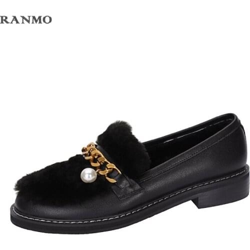 2020 Spring New Keep Shoes Woman Fashion Genuine Leather Wool Thick Heels Pumps Shallow Working Party Basic Flats Women Shoes
