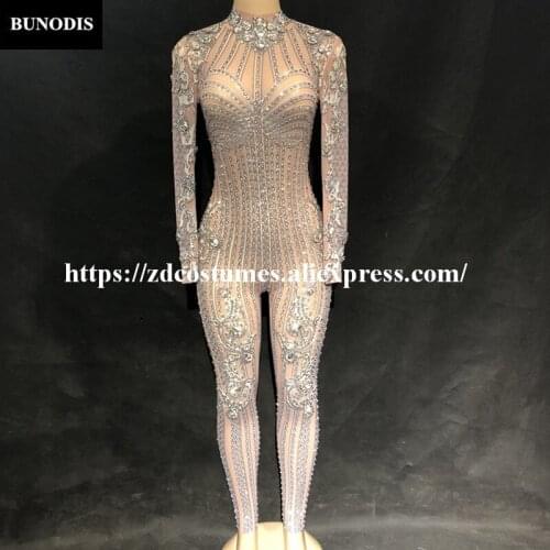 ZD273 Women Sexy Jumpsuit Net Yarn Full Of Sparkling Crystals Bodysuit Fashion Show Nightclub Party Birthday Stage Wear Bling