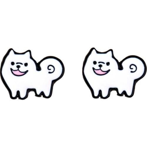 Daisies Fluffy Samoyed Puppy Shaped Enamel Stud Earring Cute Animal Dog For Women Girls Wedding Party Fashion Jewelry