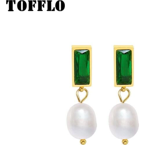 TOFFLO Stainless Steel Jew Green Black Zircon Earrings Baroque Style Natural Freshwater Pearl Elegant Earrings For Women BSF372