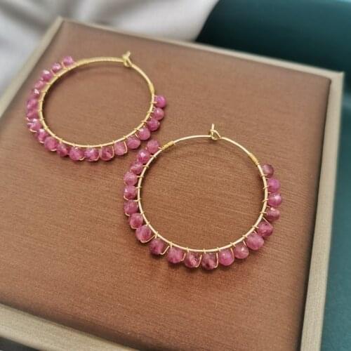 Pink Tourmaline Hoops Bohemian Earrings Geometric Natural Stone Boho 14K Gold Filled Pendientes Boucles Oreilles For Women Girl