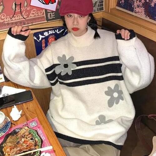 Heydress Womens Pullover All-match Casual Harajuku Ulzzang Japan Jumper Sweaters Women Printed Floral Sweet New Knitted Chic