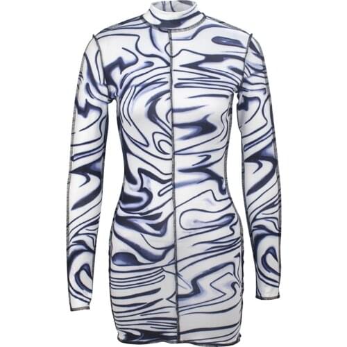 Women Printed Patchwork Dress Adults High Waisted Long Sleeve Round Neck