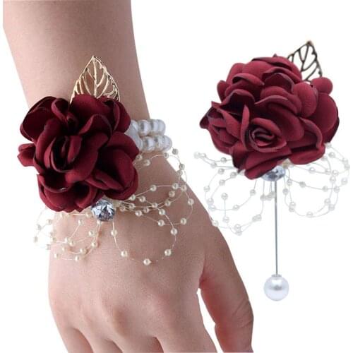 2Pcs/Set Wedding Wrist Corsage and Boutonniere Set Bride Party Prom Wristband Flower Set