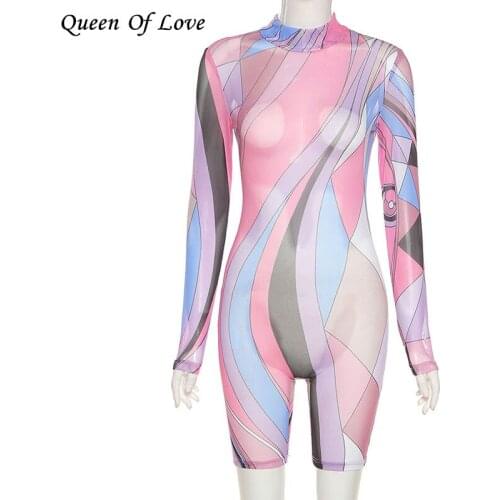 2021 Jumpsuit Women Long Seeve Gradient Mesh See throug Skinny Playsuit Club Party Knee Length Bodysuit One Piece Overall Romper