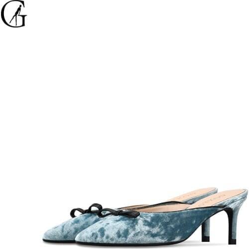 GOXEOU Womens Sandals Flock Mules Blue Red Black Pointed Toe 6 CM High Heels Casual Fashion Office Lady Slippers Size 32-44