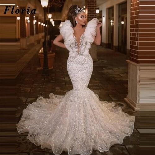 Princess Bridal Dresses 2021 Robes De Mariee Mermaid Ruffled Cap Sleeves Beaded Appliques Wedding Dresses Sheer Bride Long Gowns