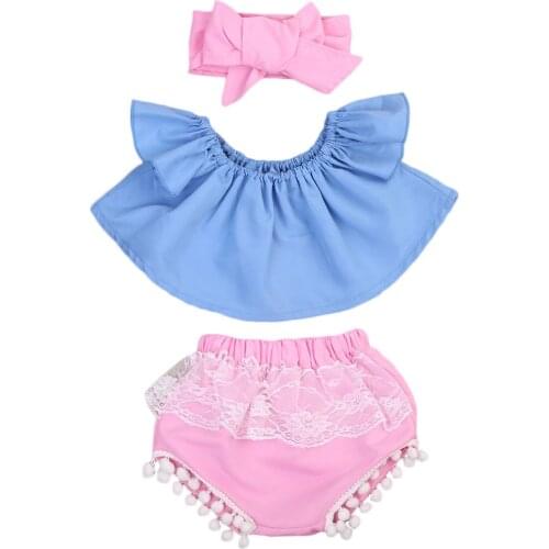 Newborn Baby Girl Clothes Set Off Shoulder Top T-Shirt+Shorts+Headband 3PCS Outfit Size 0-24M