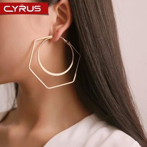 Exaggerated Geometric Hoop Earrings for Women Hexagonal Round Silver Color Earrings Creative Hollow Earring Party Mujer Ornament