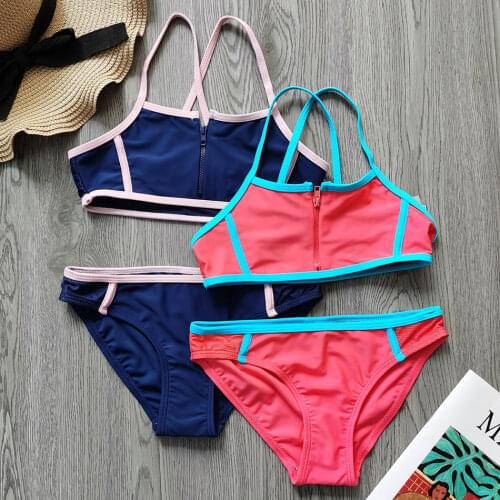 4-12 Years Girls Swimsuit Kids Zipper Two Piece Childrens Swimwear Patchwork Girl Bikini Set Girls Bathing Suit Beachwear 2021
