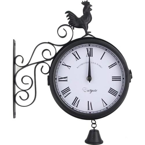 Outdoor Wall Clock Hanging Retro Double Sided Battery Powered Metal Mount Vintage Garden Coffee Bar Decoration Round Station