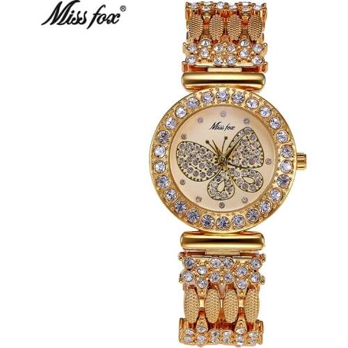 MISSFOX Butterfly Women Watches Luxury Brand Big Diamond 18K Gold Watch Waterproof Special Bracelet Expensive Ladies Wrist Watch