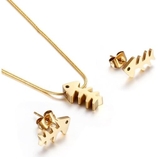 Simple and exquisite necklace earrings set stainless steel hollow fish bone ear studs popular cartoon jewelry