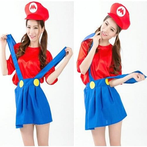 New Halloween Adult Womens Cosplay Costumes Super Mario Luigi Brothers Plumber Women Party Costume Clothes Hat+T-shirt+Skirt