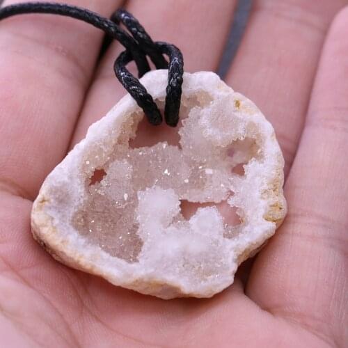 Druzy Agates Necklace for Women Men Crystal Quartz Slice Pendant Necklaces Charms Waxed Thread Natural Stone Pendant 30x40mm