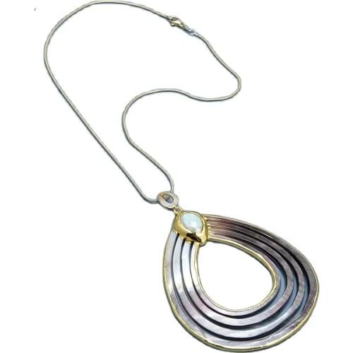 GG Jewelry Natural Teardrop Black Sea Shell Gold Color Plated Amazonites CZ Pave Pendant Necklace Handmade For Women