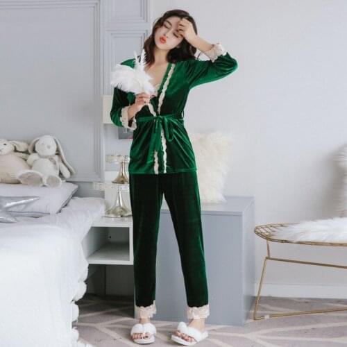 Fdfklak Soft Velvet Womens Pyjamas Warm Autumn Winter Pajamas 3-piece Sexy Lace Sleep Pijama Suit Homewear Large M-XXL